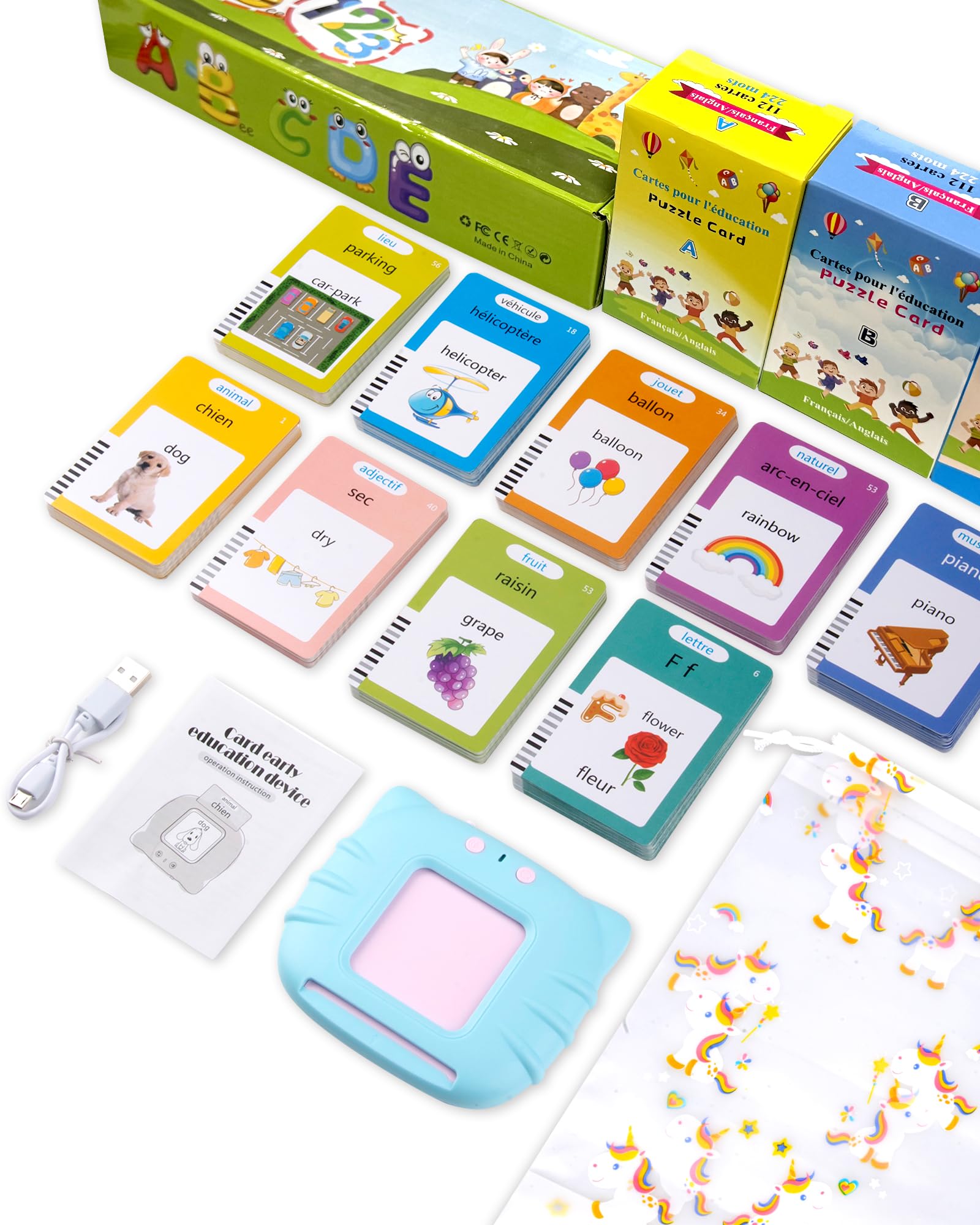 510 Words French Flash Cards for Kids – Bilingual Toddler Learning Toy with 31 Themes, Rechargeable, Screen-Free (Blue)
