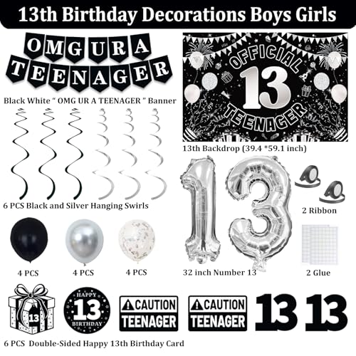 TAOTOSUNE 13th Birthday Decorations Kit for Teens – Black White Silver Theme with Banner, Backdrop, Foil Balloons, and More