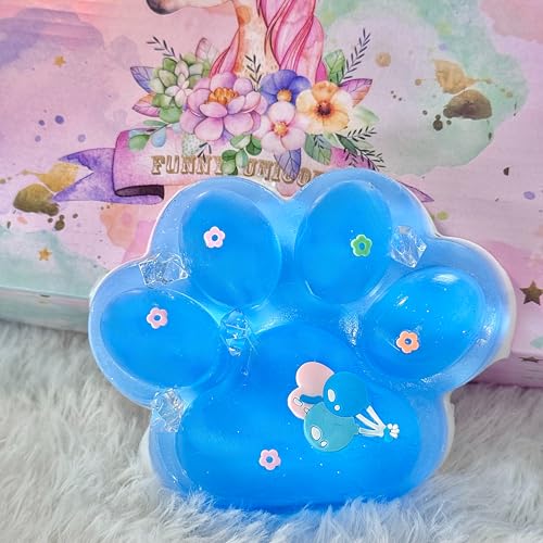Pawfect Tail Big Taba Squishy Cat Paw – 5” Glittering Blue & White Stress Relief Squeeze Toy, Sticky Fidget Gift