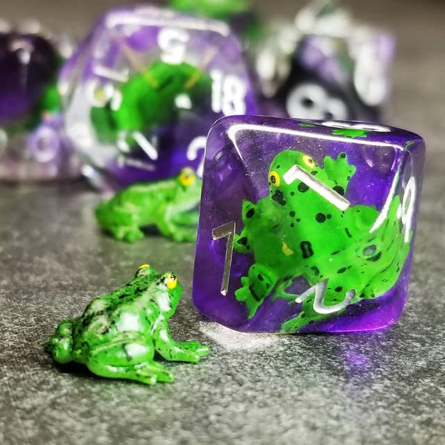 Sage's Portal Frog Familiar Resin Polyhedral Dice Set – D&D RPG Dice with Green Frog Inclusions