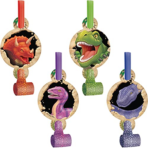Creative Converting Dino Blast 8-Count Blow Out Noise Makers, Dinosaur Party Favors