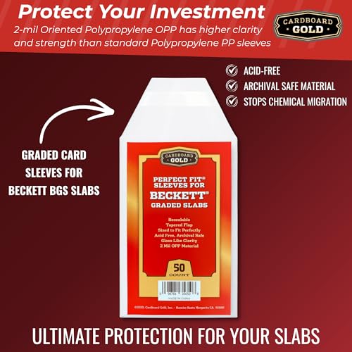 Cardboard Gold BGS Graded Card Sleeves | 50 Crystal Clear Resealable Slab Protectors – Precision Cut for Beckett Slabs