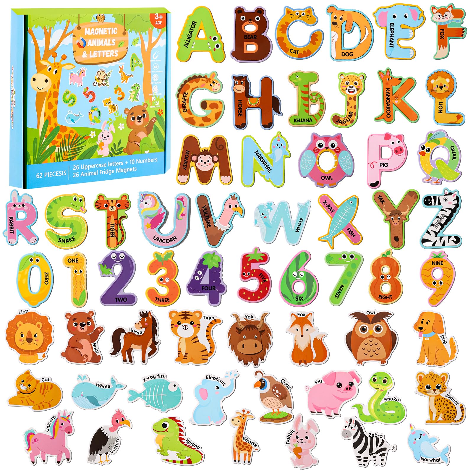 52-Piece Animal Alphabet Magnets Set – 26 Animals & 26 Letters for Toddlers (Ages 3-5) | FSC-Certified Paper