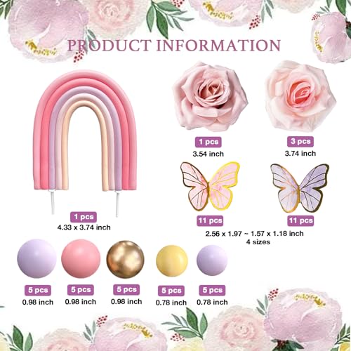52-Piece Rainbow Cake Topper Set with Butterflies, Balls & Flowers – SONICEBUY Party Decorations