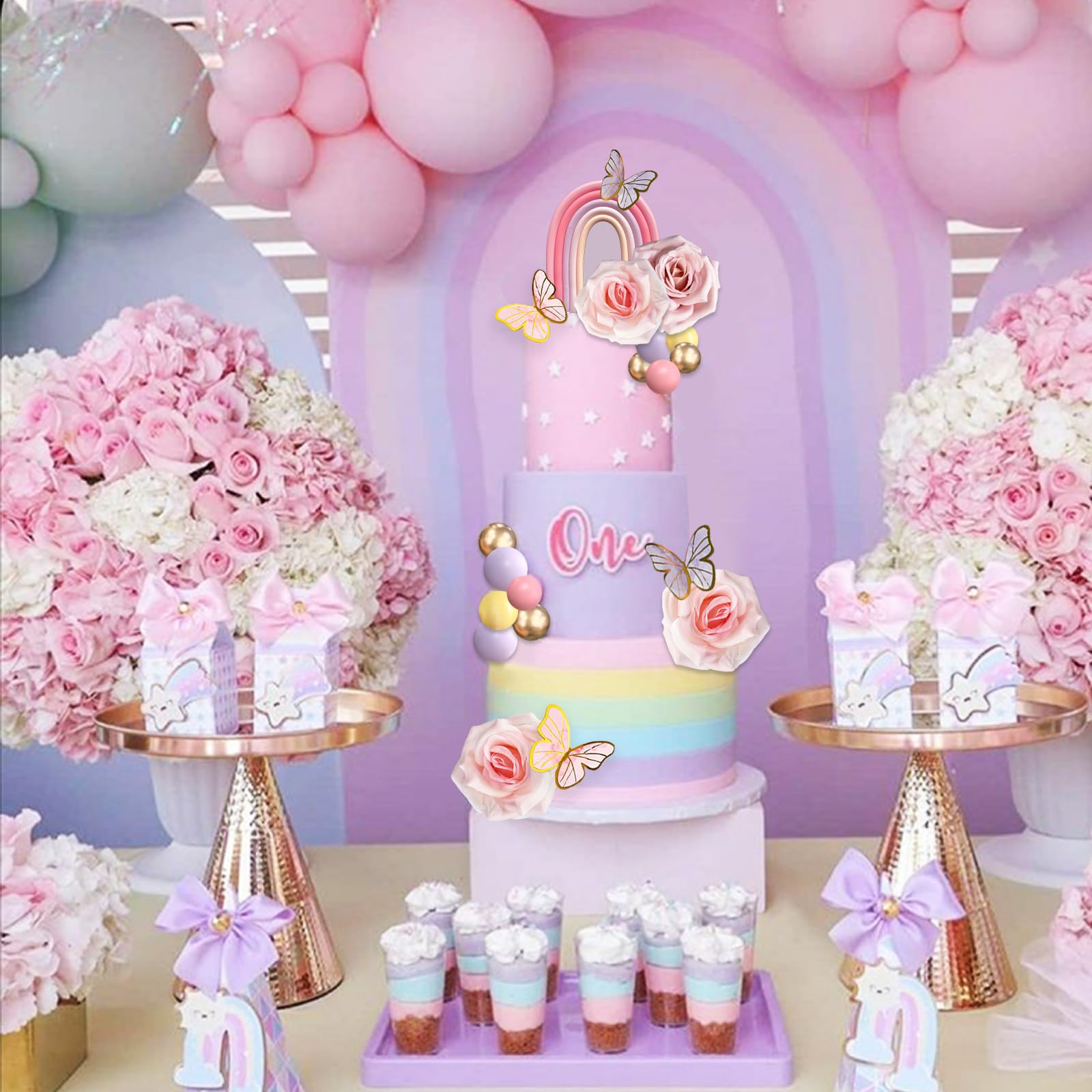 52-Piece Rainbow Cake Topper Set with Butterflies, Balls & Flowers – SONICEBUY Party Decorations