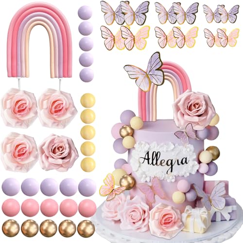 52-Piece Rainbow Cake Topper Set with Butterflies, Balls & Flowers – SONICEBUY Party Decorations