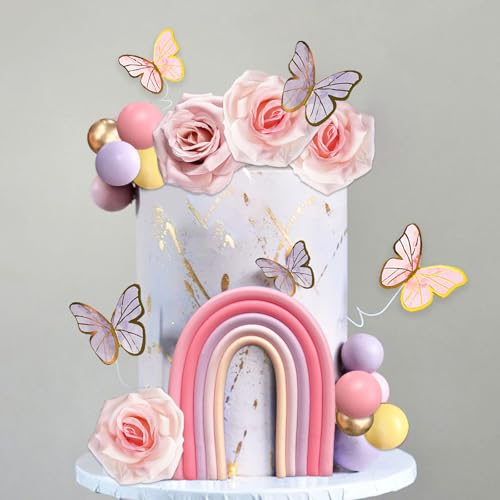 52-Piece Rainbow Cake Topper Set with Butterflies, Balls & Flowers – SONICEBUY Party Decorations