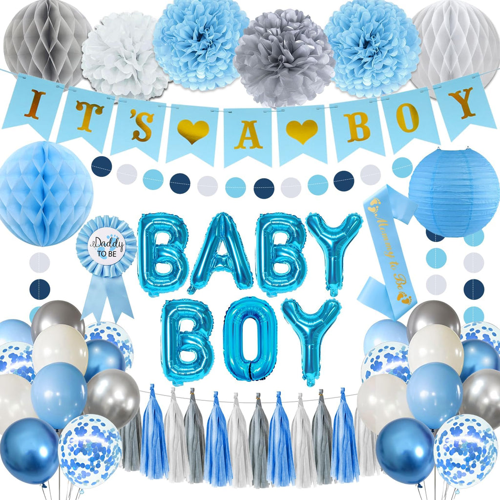 54-Piece Blue Baby Shower Decorations Set for Boy - Bolake It's a Boy Banner, Foil Balloons, Mom to Be Sash, Dad to Be Pin & More for Gender Reveal