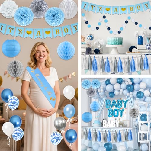 54-Piece Blue Baby Shower Decorations Set for Boy - Bolake It's a Boy Banner, Foil Balloons, Mom to Be Sash, Dad to Be Pin & More for Gender Reveal