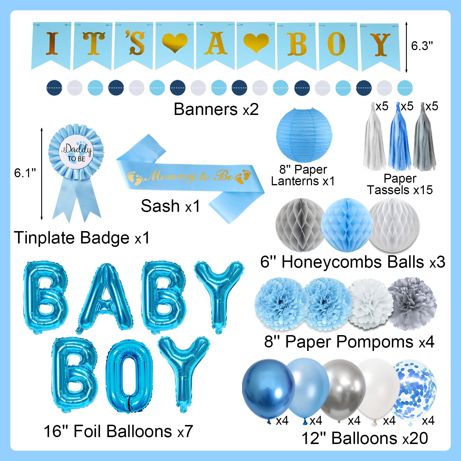 54-Piece Blue Baby Shower Decorations Set for Boy - Bolake It's a Boy Banner, Foil Balloons, Mom to Be Sash, Dad to Be Pin & More for Gender Reveal