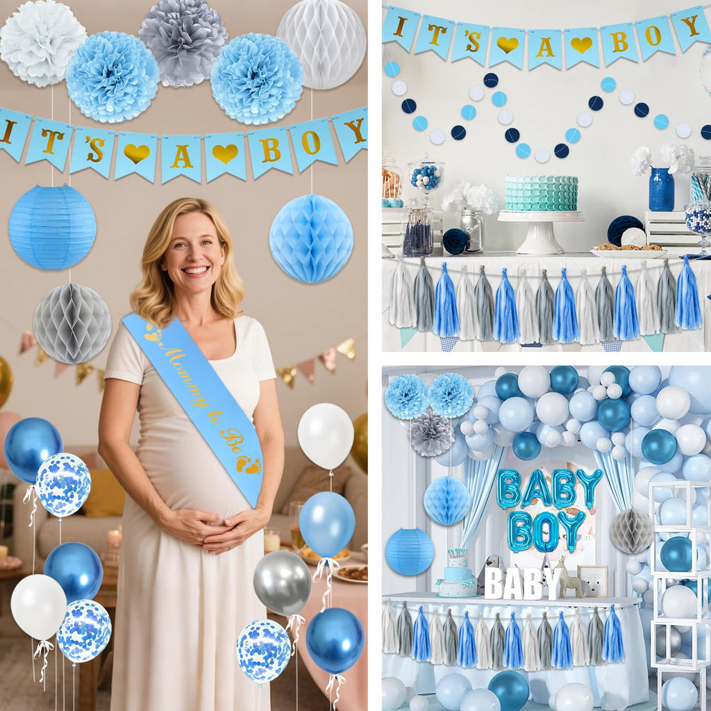 54-Piece Blue Baby Shower Decorations Set for Boy - Bolake It's a Boy Banner, Foil Balloons, Mom to Be Sash, Dad to Be Pin & More for Gender Reveal