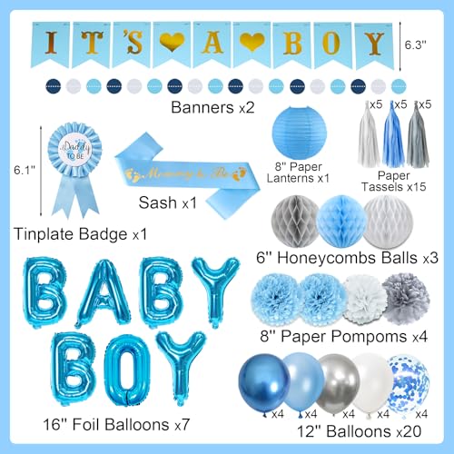 54-Piece Blue Baby Shower Decorations Set for Boy - Bolake It's a Boy Banner, Foil Balloons, Mom to Be Sash, Dad to Be Pin & More for Gender Reveal