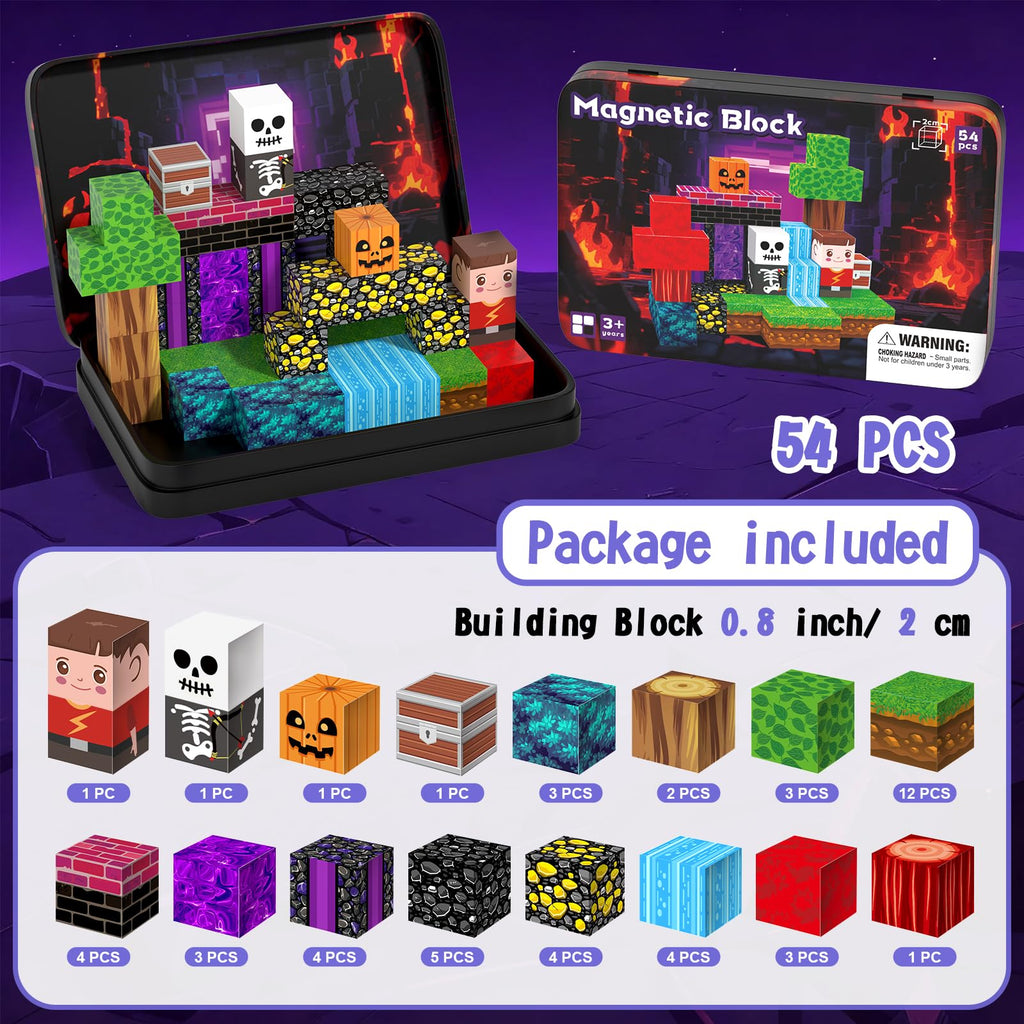 54-Piece Travel Magnetic Blocks Set with Metal Storage Box - STEM Building Toys for Kids Ages 3+