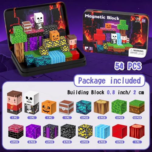 54-Piece Travel Magnetic Blocks Set with Metal Storage Box - STEM Building Toys for Kids Ages 3+
