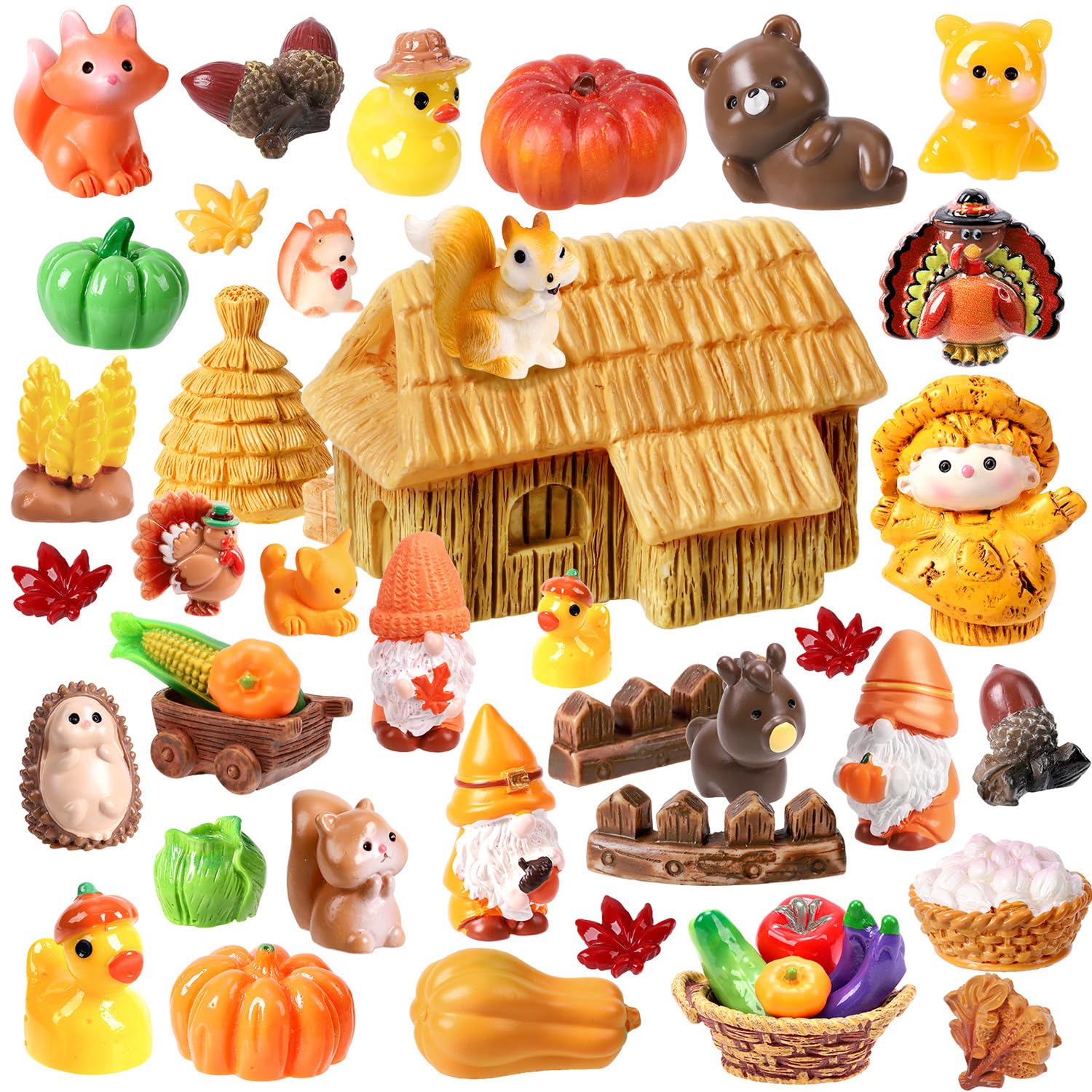 55-Piece Fall Resin Figurines Set - Mini Pumpkins, Leaves, Ducks & More for Thanksgiving Decor, Dollhouse, Party Favors