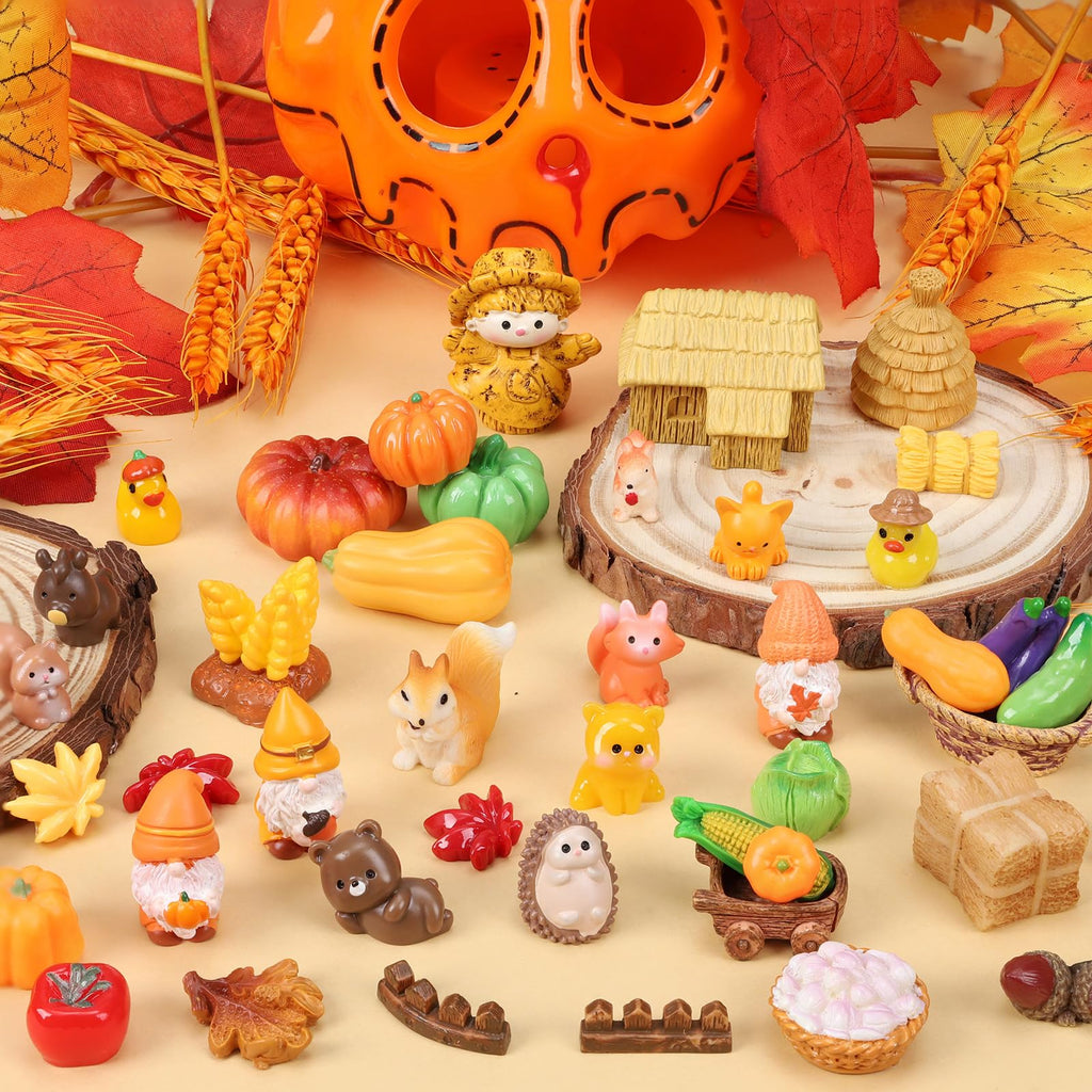 55-Piece Fall Resin Figurines Set - Mini Pumpkins, Leaves, Ducks & More for Thanksgiving Decor, Dollhouse, Party Favors