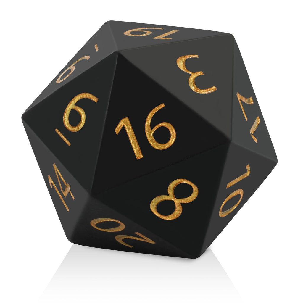 55mm Giant D20 Dice – Oversized 20-Sided Resin Die with Gold Engraved Numbers and Velvet Pouch for RPG Tabletop Games (Black)