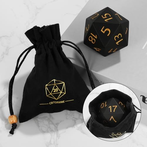 55mm Giant D20 Dice – Oversized 20-Sided Resin Die with Gold Engraved Numbers and Velvet Pouch for RPG Tabletop Games (Black)