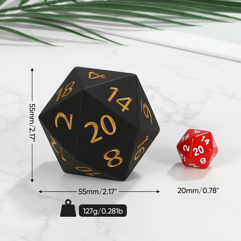 55mm Giant D20 Dice – Oversized 20-Sided Resin Die with Gold Engraved Numbers and Velvet Pouch for RPG Tabletop Games (Black)