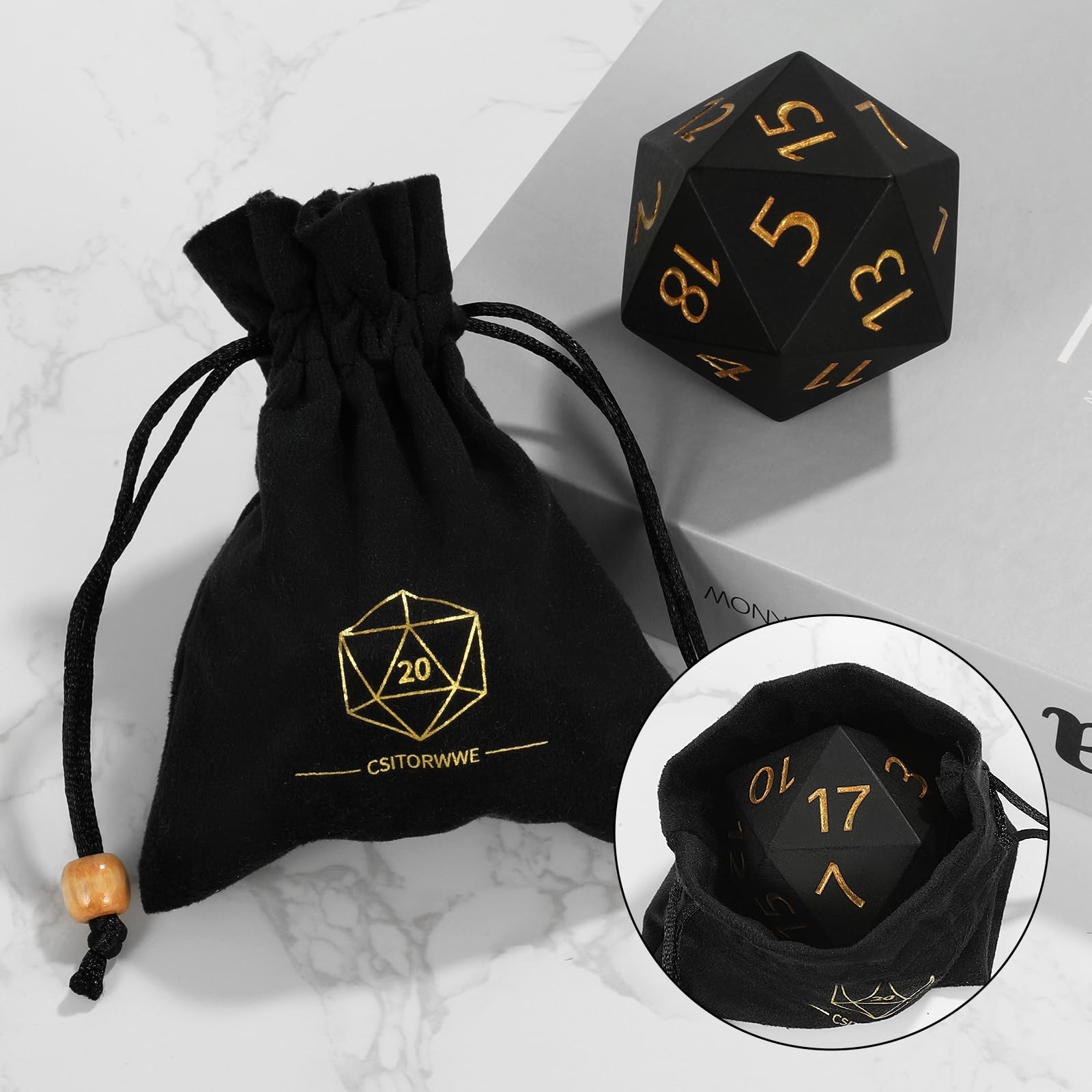 55mm Giant D20 Dice – Oversized 20-Sided Resin Die with Gold Engraved Numbers and Velvet Pouch for RPG Tabletop Games (Black)