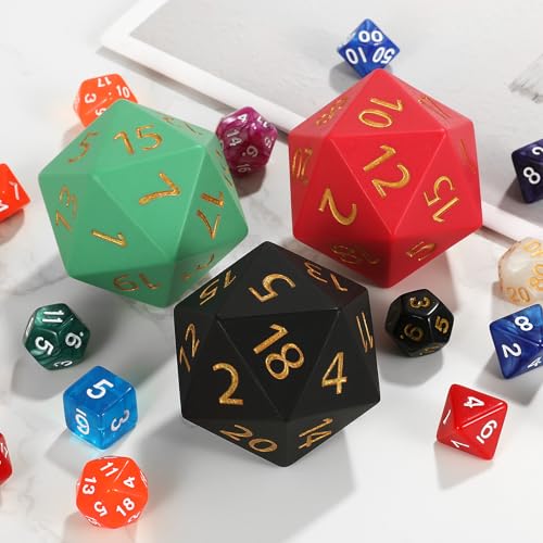 55mm Giant D20 Dice – Oversized 20-Sided Resin Die with Gold Engraved Numbers and Velvet Pouch for RPG Tabletop Games (Black)