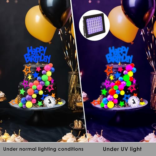 56-Piece Glow Cake Topper Set – UV Reactive Neon Stars, Balls & Happy Birthday Decorations for Black Light Parties