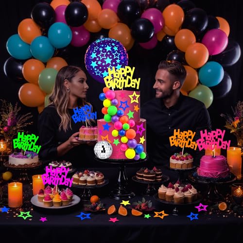 56-Piece Glow Cake Topper Set – UV Reactive Neon Stars, Balls & Happy Birthday Decorations for Black Light Parties