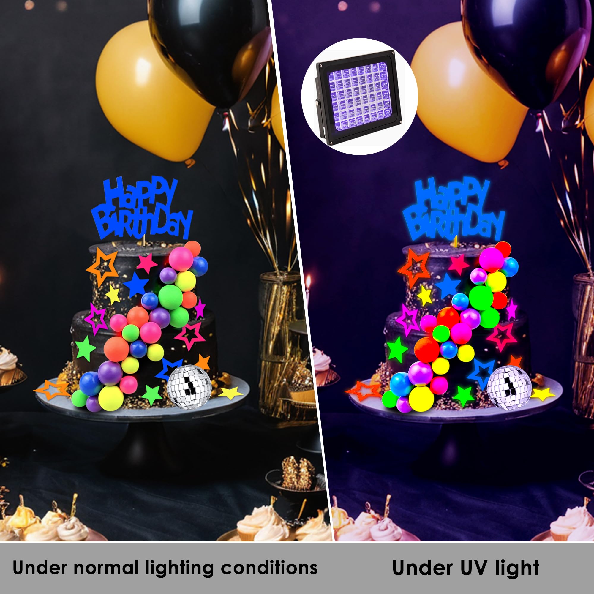 56-Piece Glow Cake Topper Set – UV Reactive Neon Stars, Balls & Happy Birthday Decorations for Black Light Parties