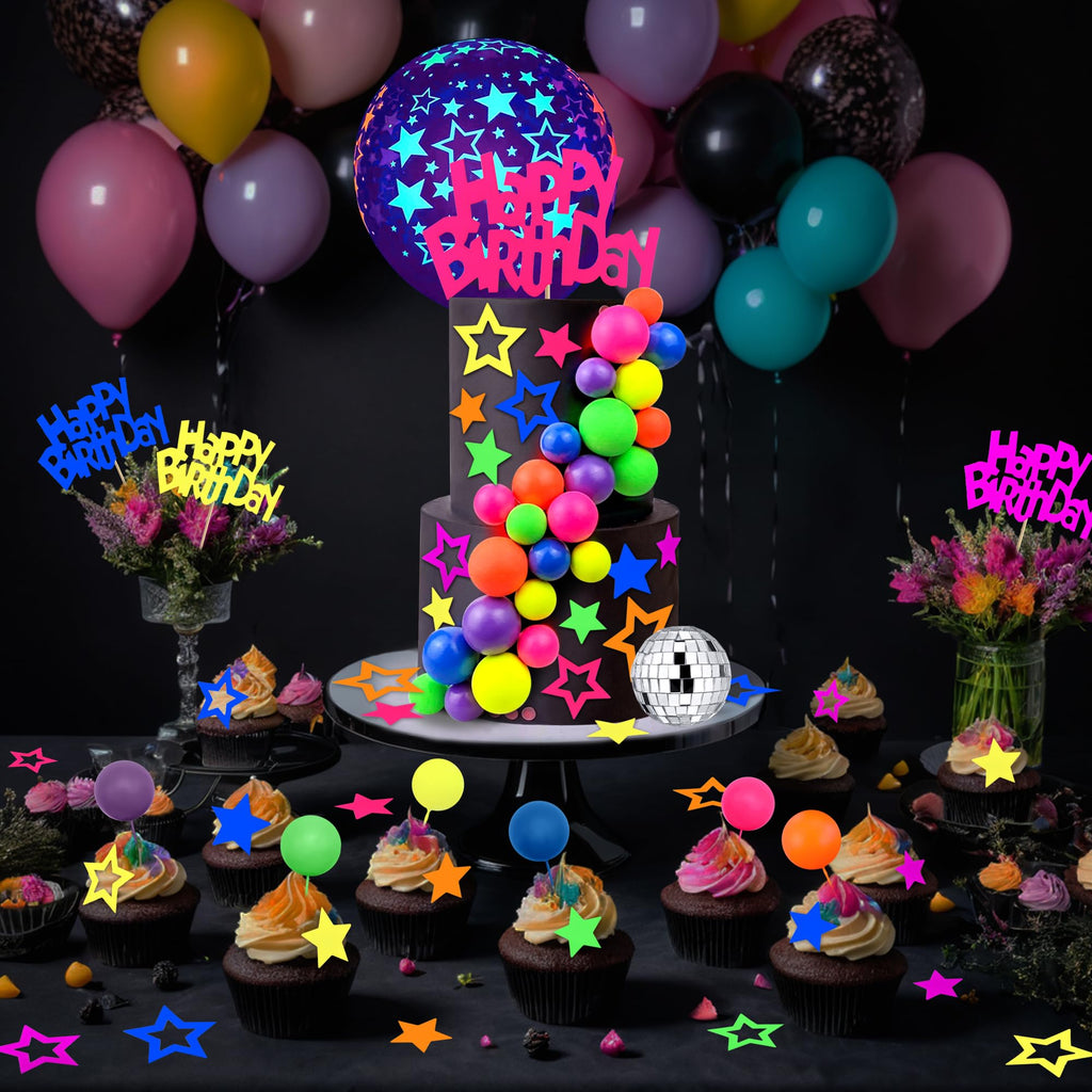 56-Piece Glow Cake Topper Set – UV Reactive Neon Stars, Balls & Happy Birthday Decorations for Black Light Parties