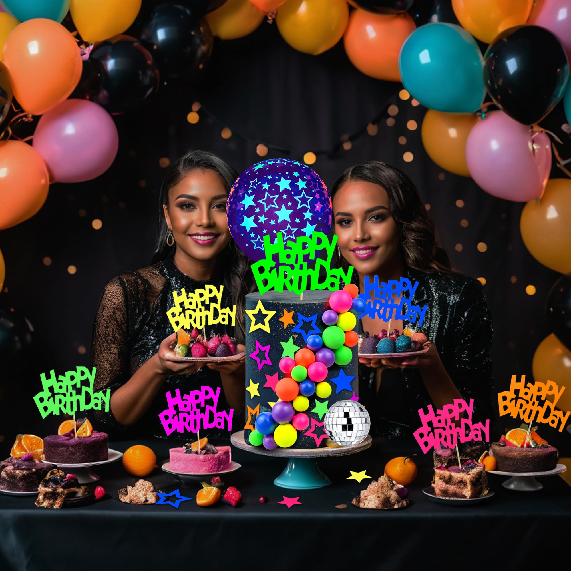 56-Piece Glow Cake Topper Set – UV Reactive Neon Stars, Balls & Happy Birthday Decorations for Black Light Parties