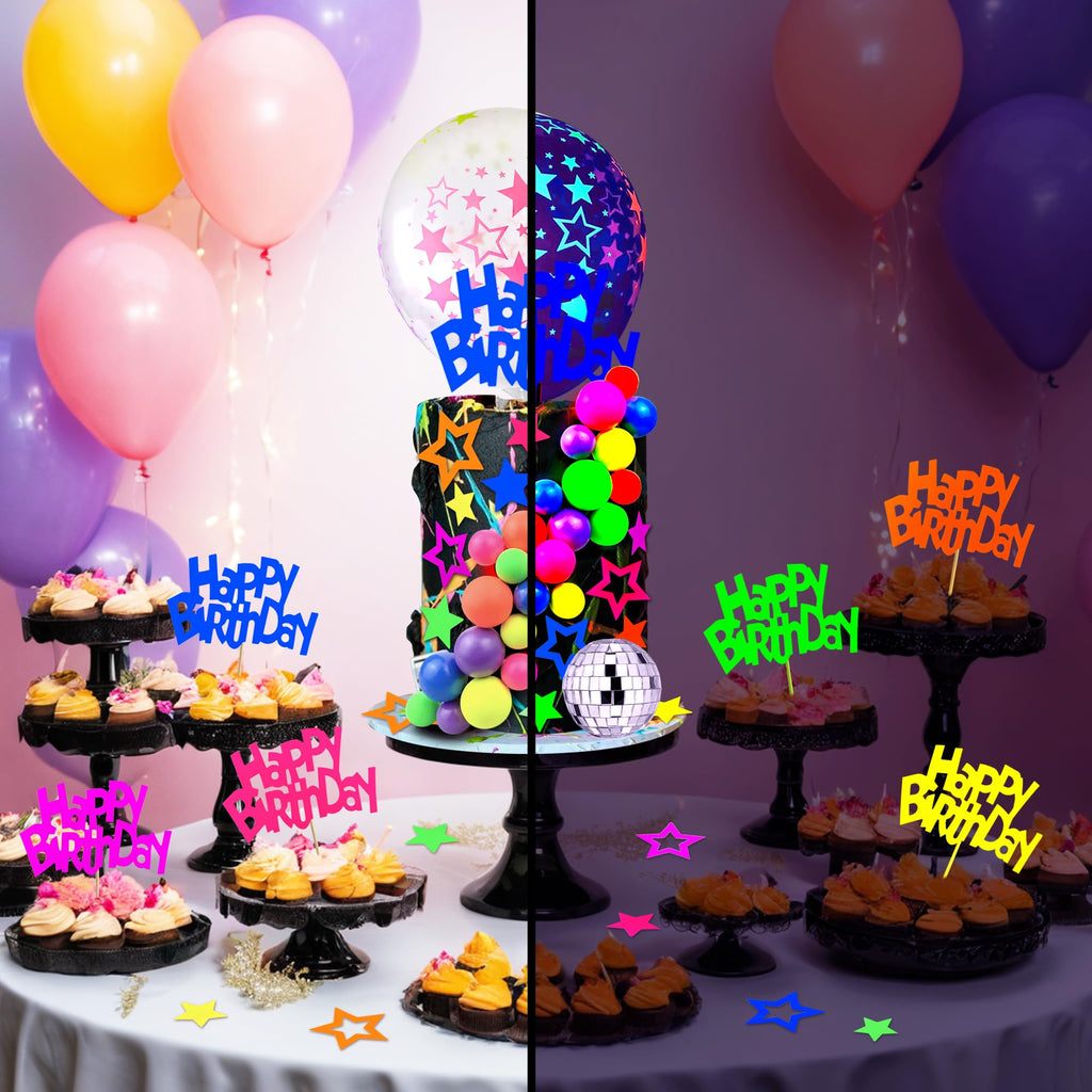 56-Piece Glow Cake Topper Set – UV Reactive Neon Stars, Balls & Happy Birthday Decorations for Black Light Parties