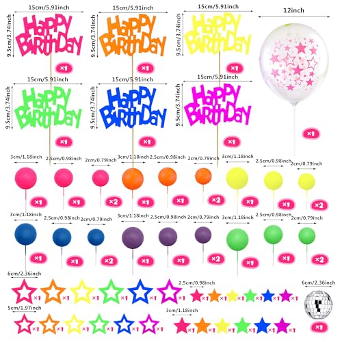 56-Piece Glow Cake Topper Set – UV Reactive Neon Stars, Balls & Happy Birthday Decorations for Black Light Parties