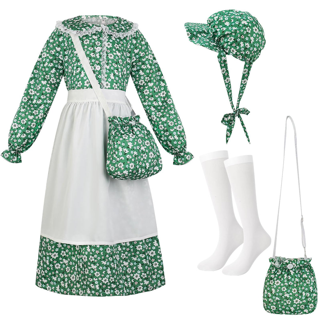 5pcs Girls Pioneer Costume Set - Floral Prairie Dress with Apron, Bonnet, Crossbody Bag, and Calf Socks