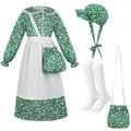 5pcs Girls Pioneer Costume Set - Floral Prairie Dress with Apron, Bonnet, Crossbody Bag, and Calf Socks