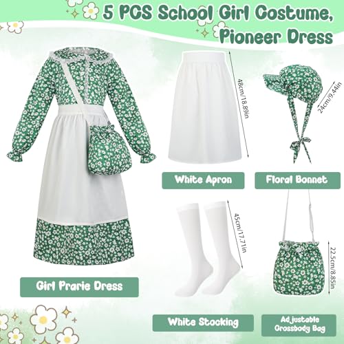5pcs Girls Pioneer Costume Set - Floral Prairie Dress with Apron, Bonnet, Crossbody Bag, and Calf Socks