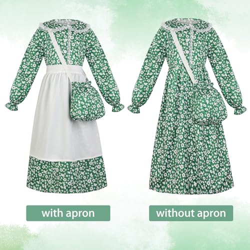 5pcs Girls Pioneer Costume Set - Floral Prairie Dress with Apron, Bonnet, Crossbody Bag, and Calf Socks