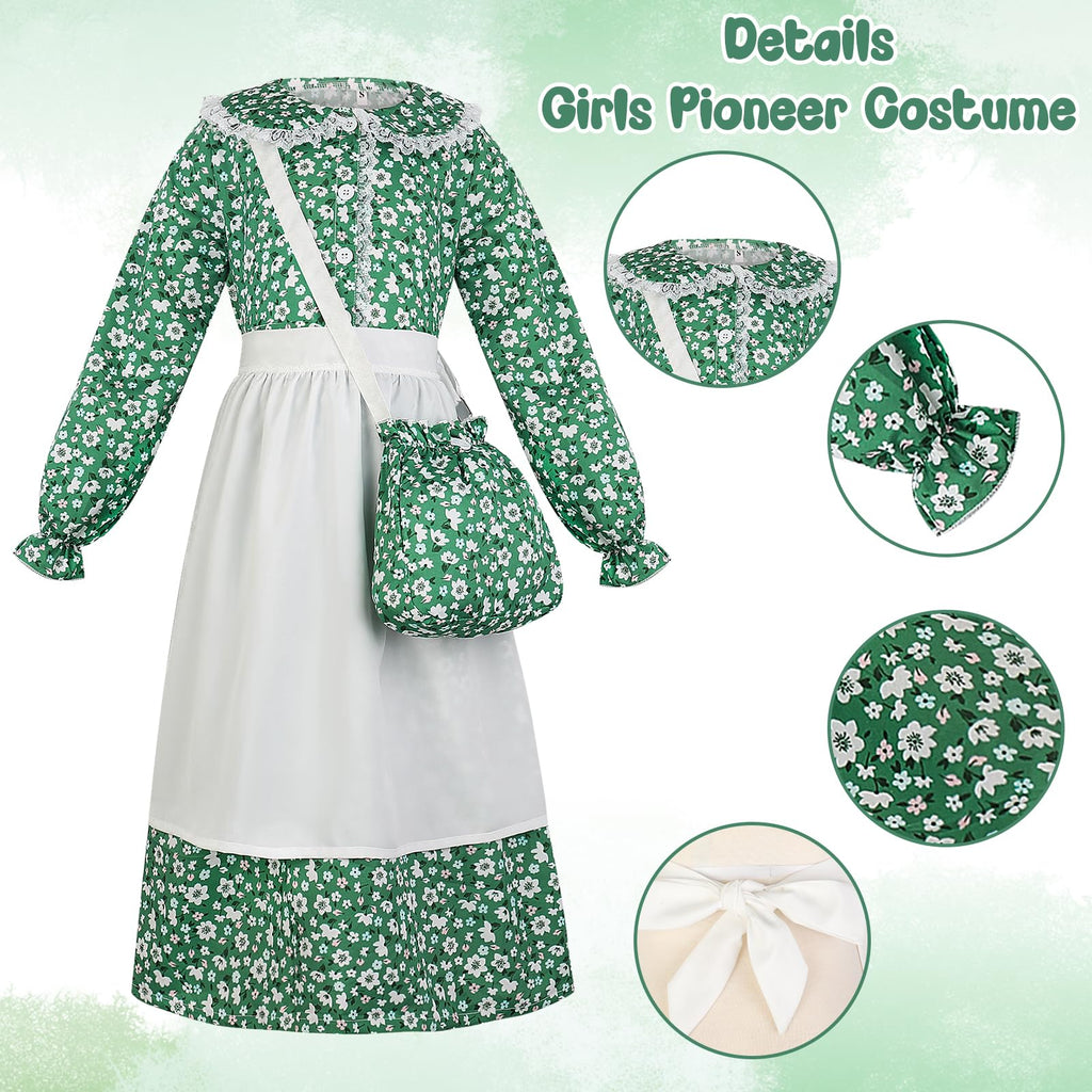 5pcs Girls Pioneer Costume Set - Floral Prairie Dress with Apron, Bonnet, Crossbody Bag, and Calf Socks