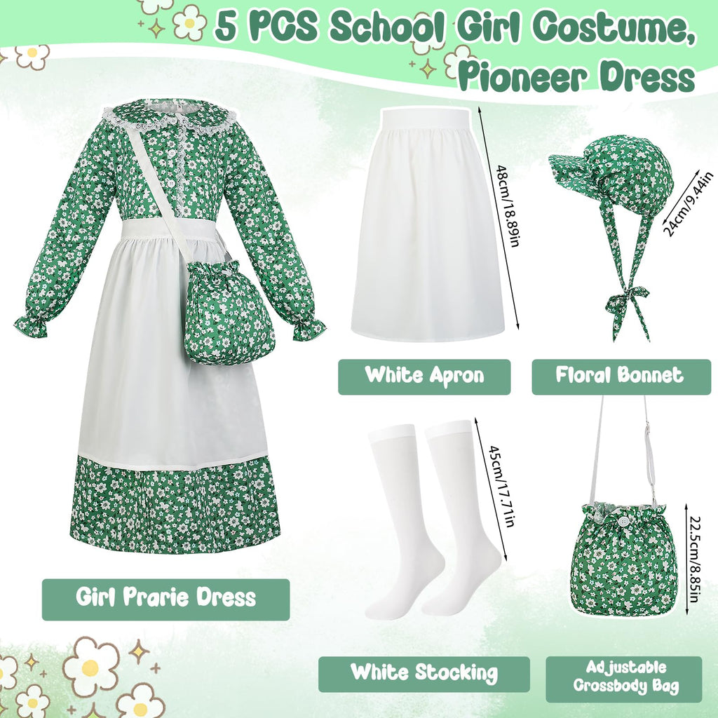 5pcs Girls Pioneer Costume Set - Floral Prairie Dress with Apron, Bonnet, Crossbody Bag, and Calf Socks
