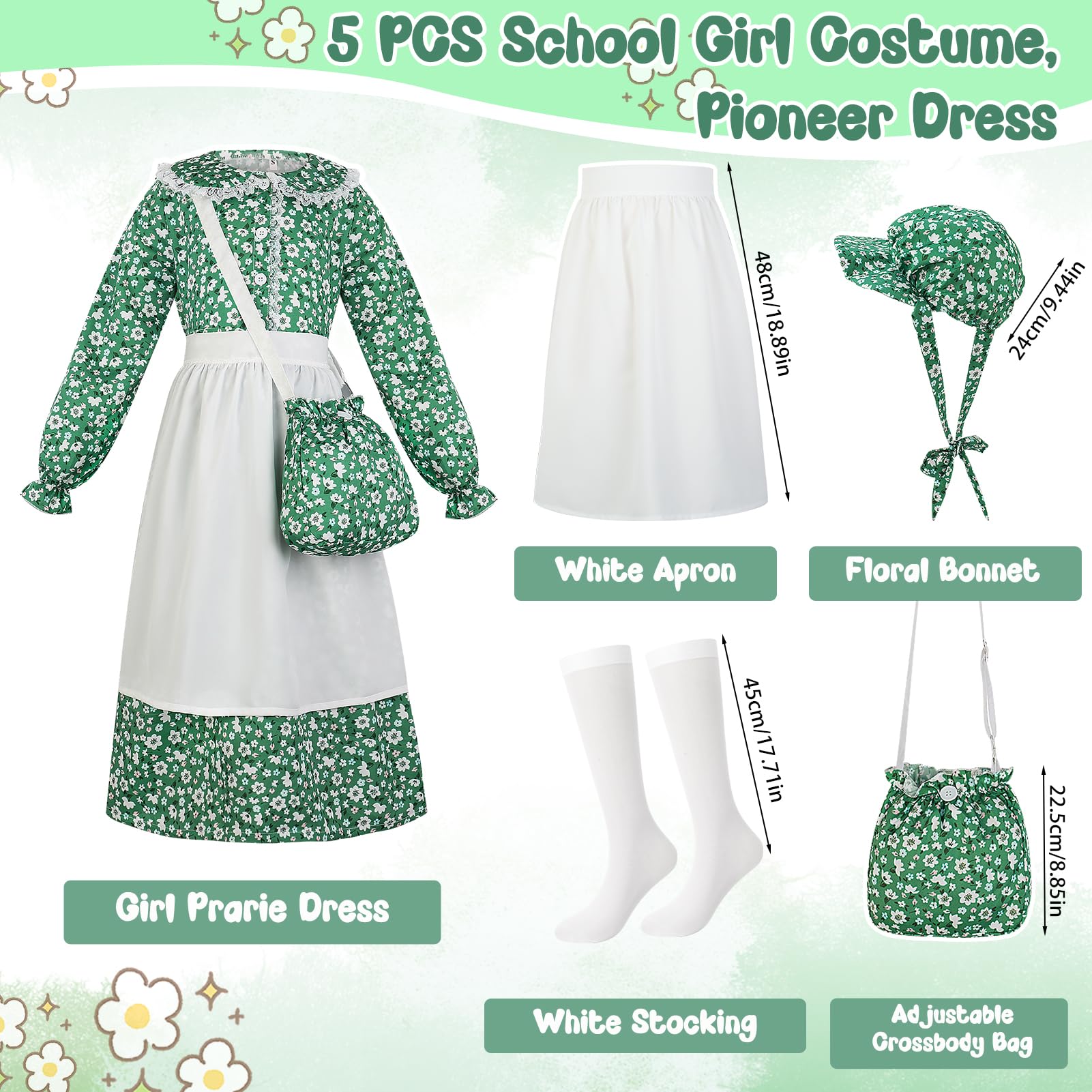 5pcs Girls Pioneer Costume Set - Floral Prairie Dress with Apron, Bonnet, Crossbody Bag, and Calf Socks