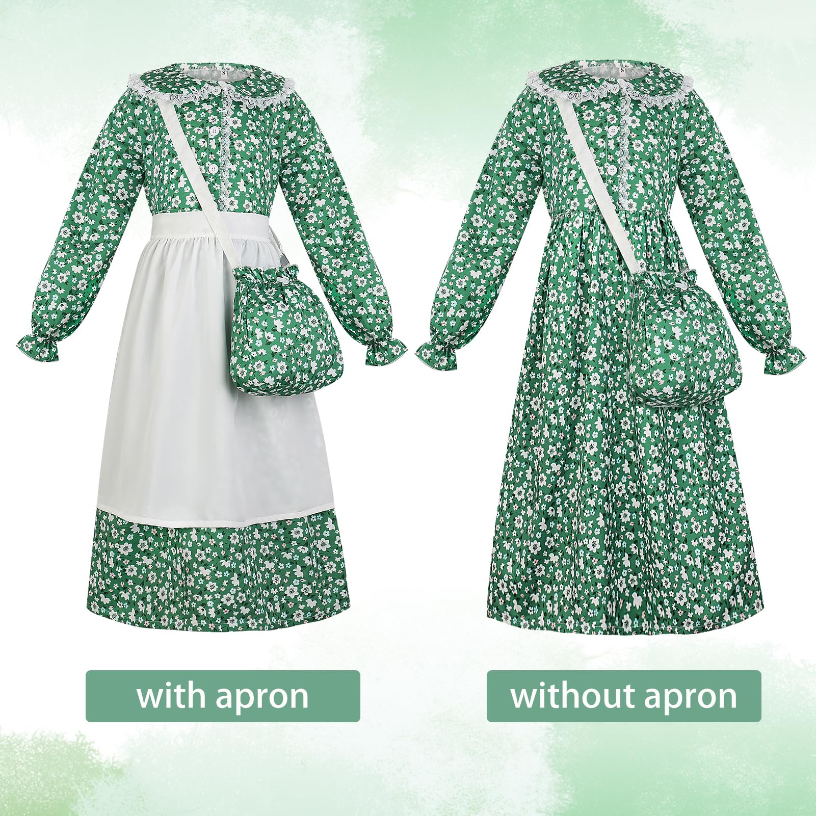 5pcs Girls Pioneer Costume Set - Floral Prairie Dress with Apron, Bonnet, Crossbody Bag, and Calf Socks