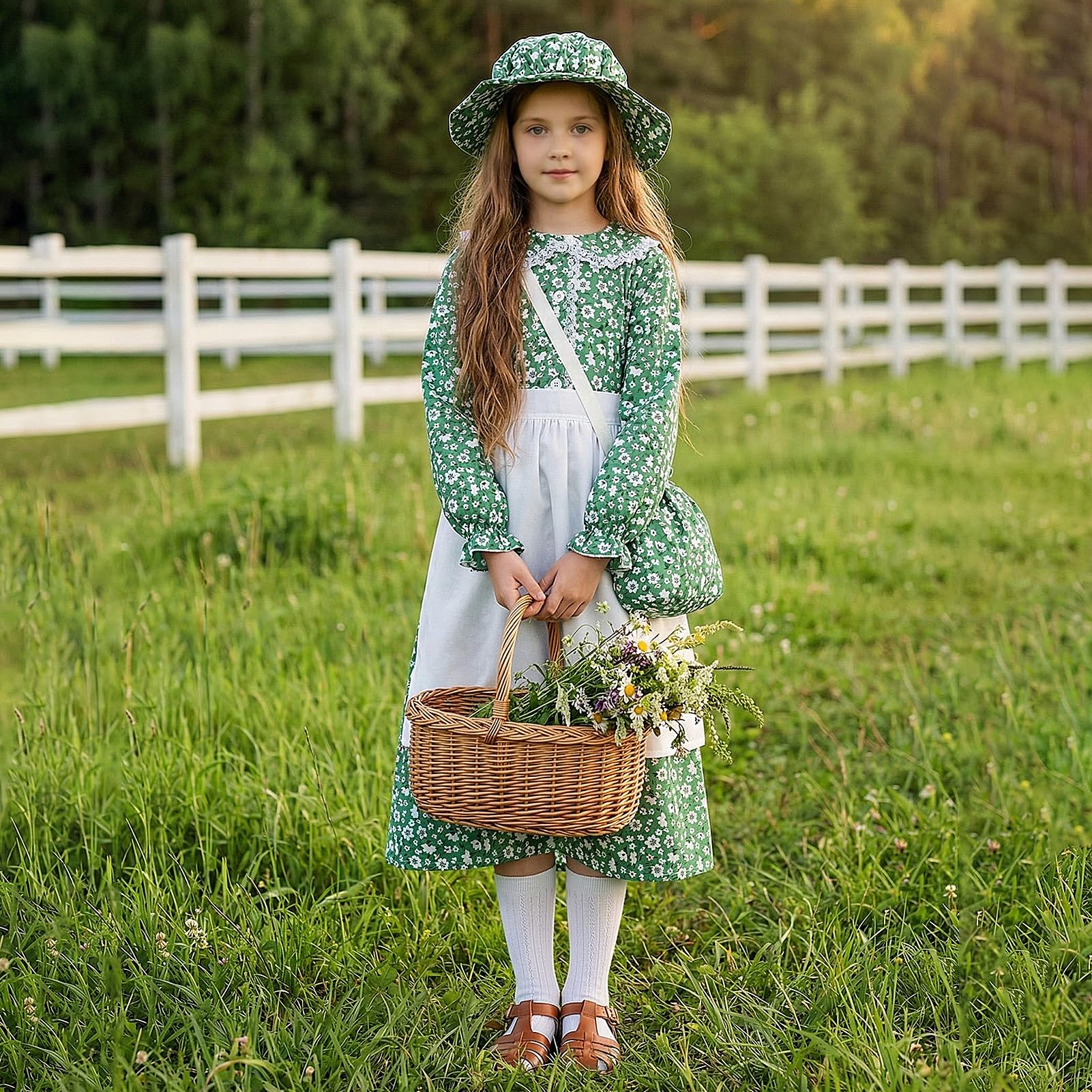 5pcs Girls Pioneer Costume Set - Floral Prairie Dress with Apron, Bonnet, Crossbody Bag, and Calf Socks