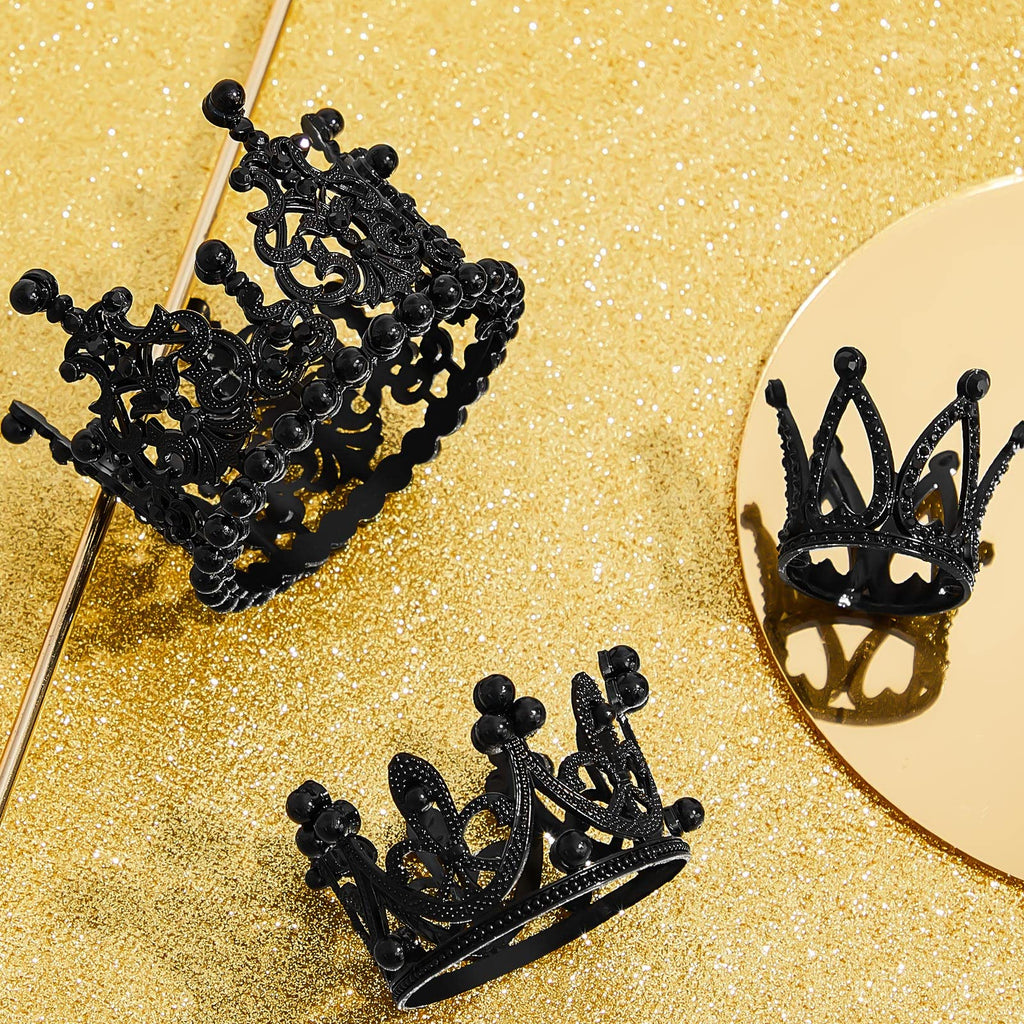 6 Black Pearl and Rhinestone Crown Cake Toppers - Small Tiara Decorations for Birthday, Wedding, Baby Shower Parties