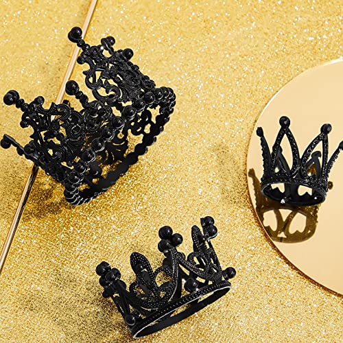 6 Black Pearl and Rhinestone Crown Cake Toppers - Small Tiara Decorations for Birthday, Wedding, Baby Shower Parties