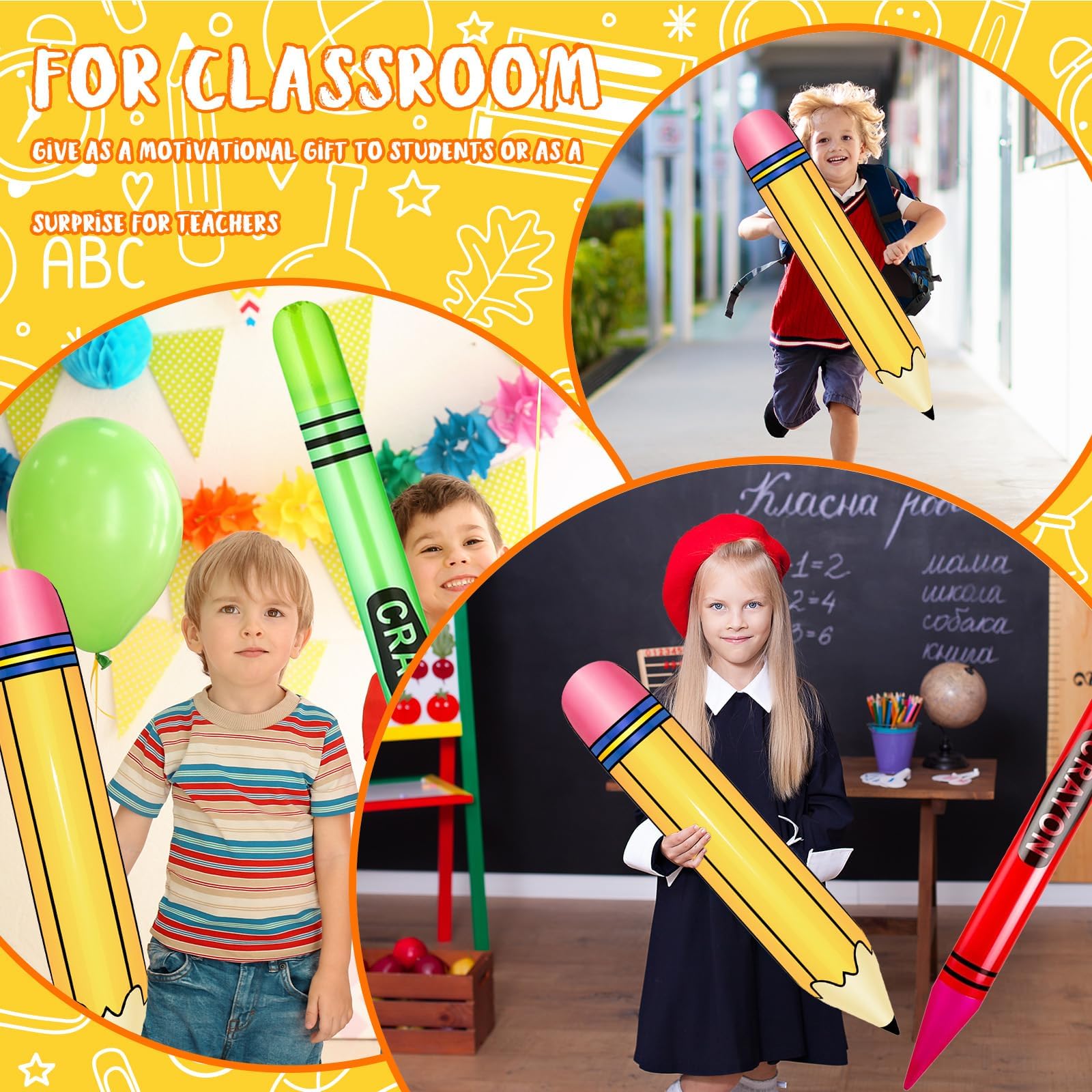 6 Giant Inflatable Crayon & Pencil Balloons – 41" Crayons + 27" Pencils for Back to School Decor