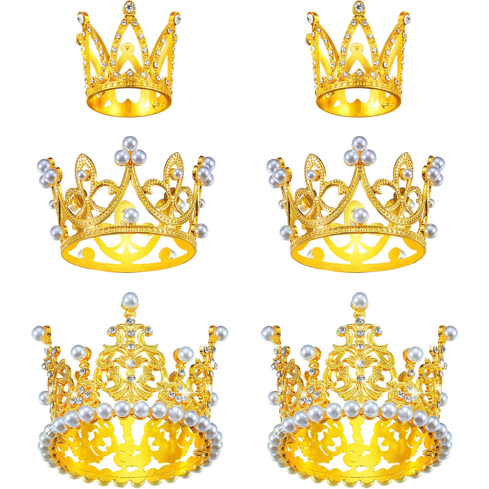 6 Gold Crown Cake Toppers with Pearls & Rhinestones – 3 Sizes for Birthday Wedding Baby Shower