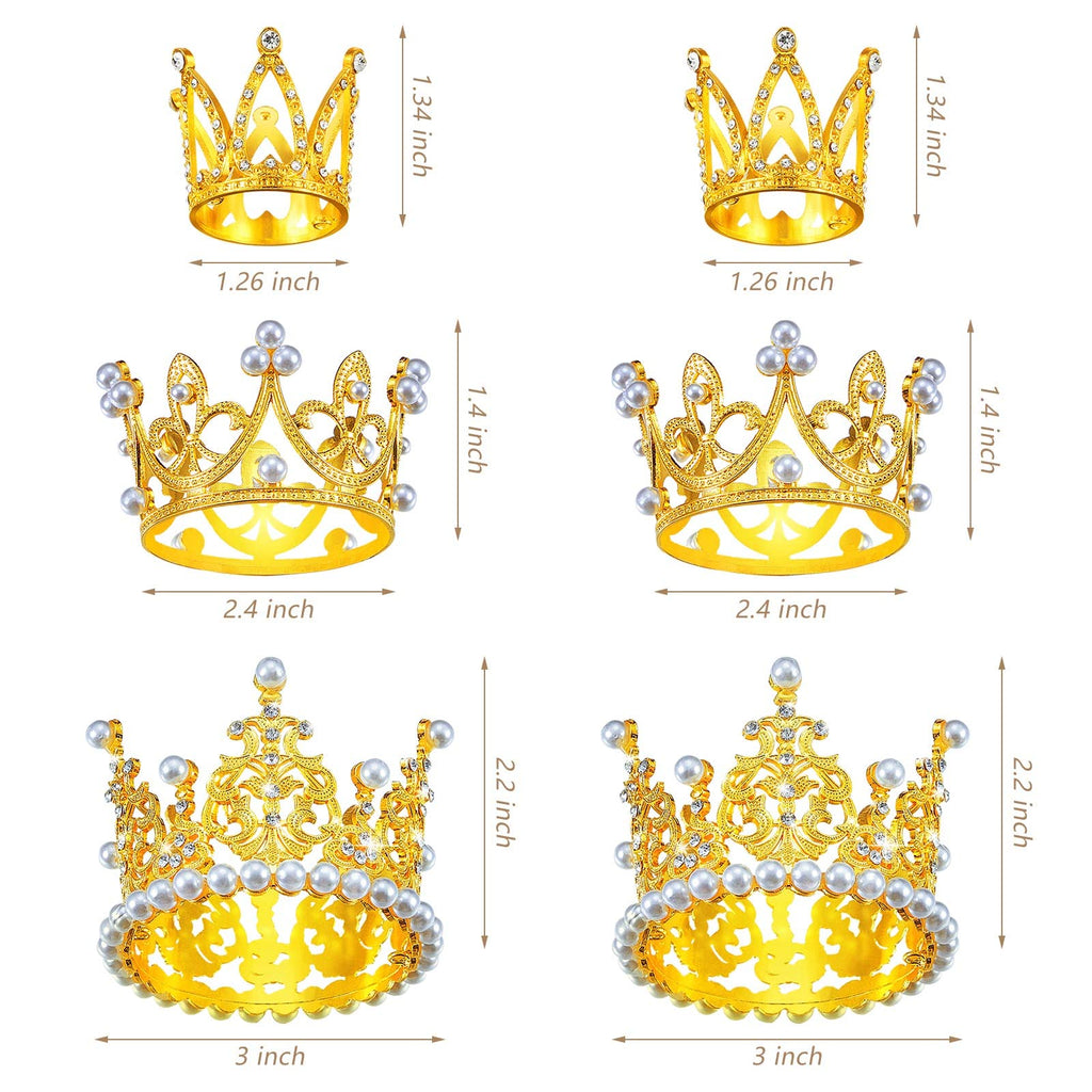 6 Gold Crown Cake Toppers with Pearls & Rhinestones – 3 Sizes for Birthday Wedding Baby Shower