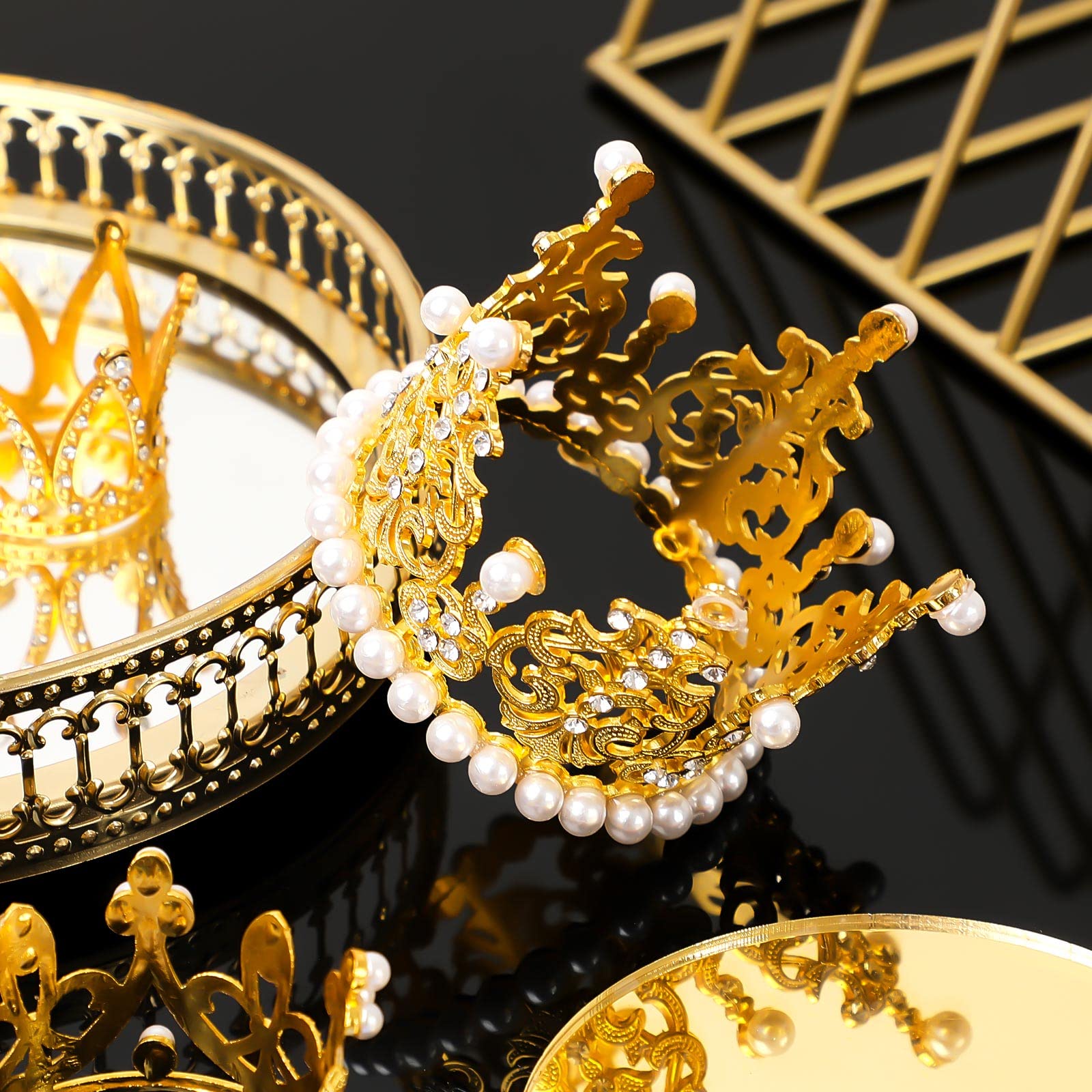 6 Gold Crown Cake Toppers with Pearls & Rhinestones – 3 Sizes for Birthday Wedding Baby Shower