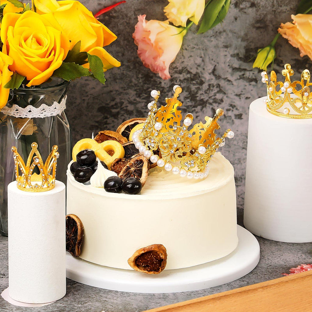 6 Gold Crown Cake Toppers with Pearls & Rhinestones – 3 Sizes for Birthday Wedding Baby Shower