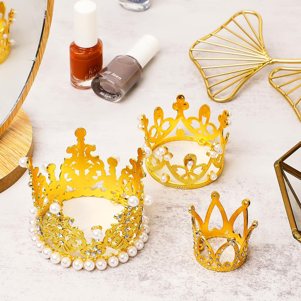 6 Gold Crown Cake Toppers with Pearls & Rhinestones – 3 Sizes for Birthday Wedding Baby Shower