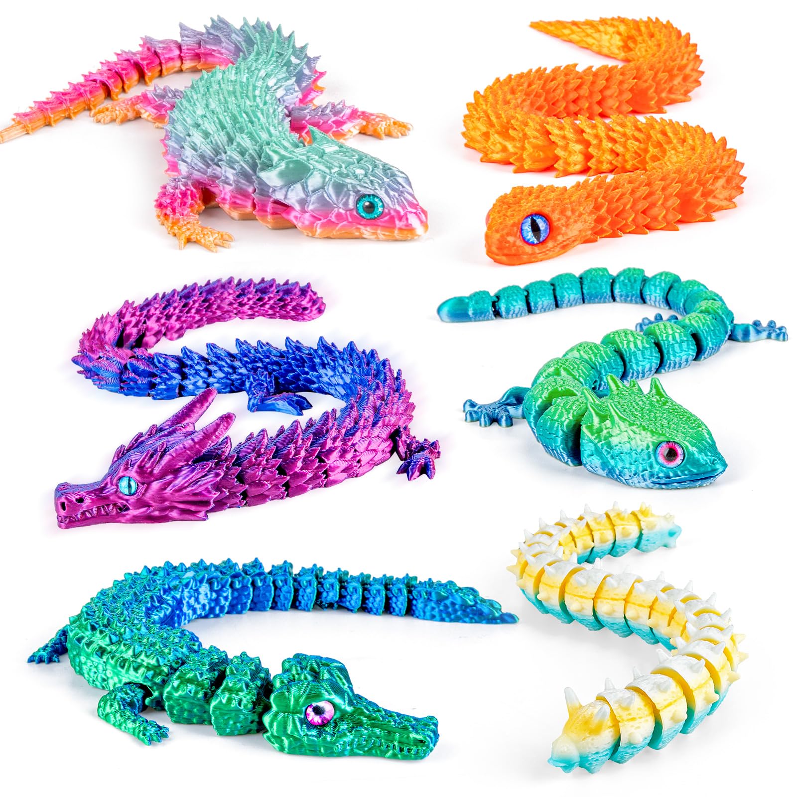 6 Large Articulated 3D Printed Animals – Dragon, Snake, Crocodile, Gecko, Lizard & Caterpillar Fidget Toys by 3Dgenius